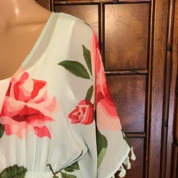 NWOT Chiffon Aqua Floral Tassel Tie Front Kimono Duster - Picture 7 of 12
